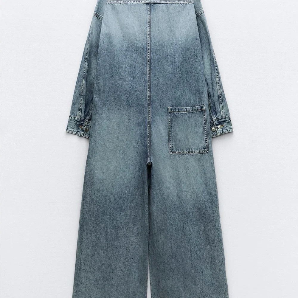 Washed Light Blue Denim Jumpsuit - Women's Casual One-Piece - Picture 4 of 4